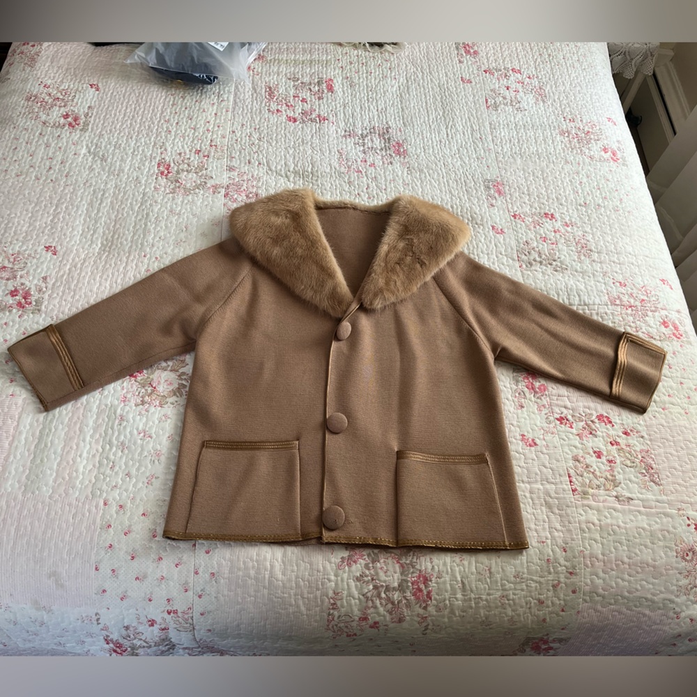 Vintage 3/4 Sleeve Sweater Jacket Genuine Fur Collar